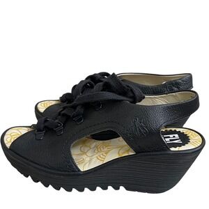 Fly London EU 38/7.5 Black Leather Lace Up Wedge Sandals used 1X euc Peep Toe